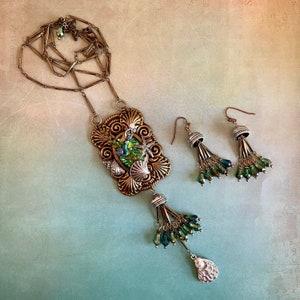Sea Life Mermaid Pendant Tassel Necklace/Earring Set, Hand-Painted, ooak, Signed