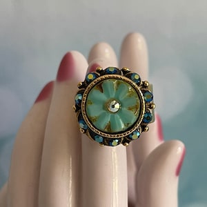 Ornate Bezel Gold Ring with Czech Glass Flower, Swarovski® Crystals, Adjustable