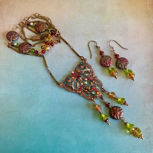 Ornate Antique Finished Brass Necklace/Earring Set with Swarovski® Crystals, Czech Beads, ooak, Signed