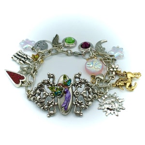 Silver Plated Stamping with Fairy, Castle, Fairytale Theme, Swarovski®  Accents, Chain Link Charm Bracelet, OOAK, Signed
