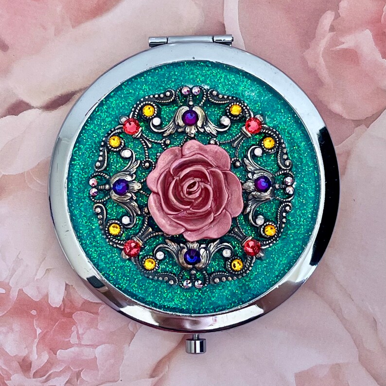 Rose Flower Design Compact Mirror, Silvertone, Swarovski® Crysta Rose Flower Design Compact Mirror, Silvertone, Swarovski® Crysta