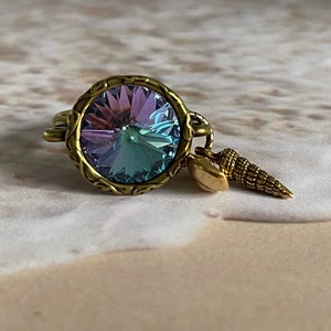 Antique Gold Ring with 14mm Swarovski® Crystal and Seashell Charms , Adjustable, ooak