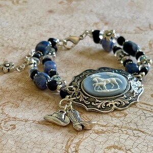 Silver-plated Stamping with Horse Cameo and Semi-Precious Stones, Flowers, Cowboy Boot and Western Hat Charms, OOAK, Signed