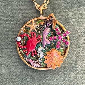 Mermaid, Sea Life Collage Pendant Necklace, Hand-Painted, ooak, Signed