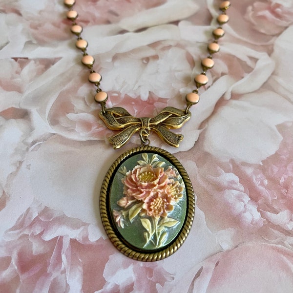 Hand-Painted Floral Cameo Pendant Necklace with Bow, Enameled Chain, OOAK, Signed