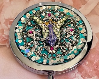 Winged Goddess Design Compact Mirror, Silvertone, Swarovski®