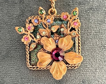 Whimsical Dimensional Gold Plated Floral Pendant Necklace, OOAK, Signed