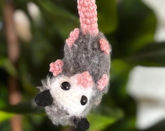 Crochet Hanging Opossum Plushie-Crochet car charm-opossum car charm-crochet opossum-crochet plushie-handmade gifts- car charms- car hanger