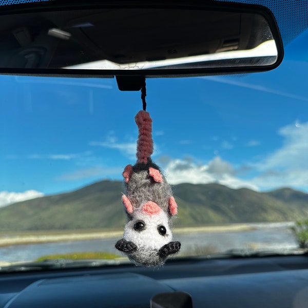 Crochet Hanging Opossum Plushie-Crochet car charm-opossum car charm-crochet opossum-crochet plushie-handmade gifts- car charms- car hanger