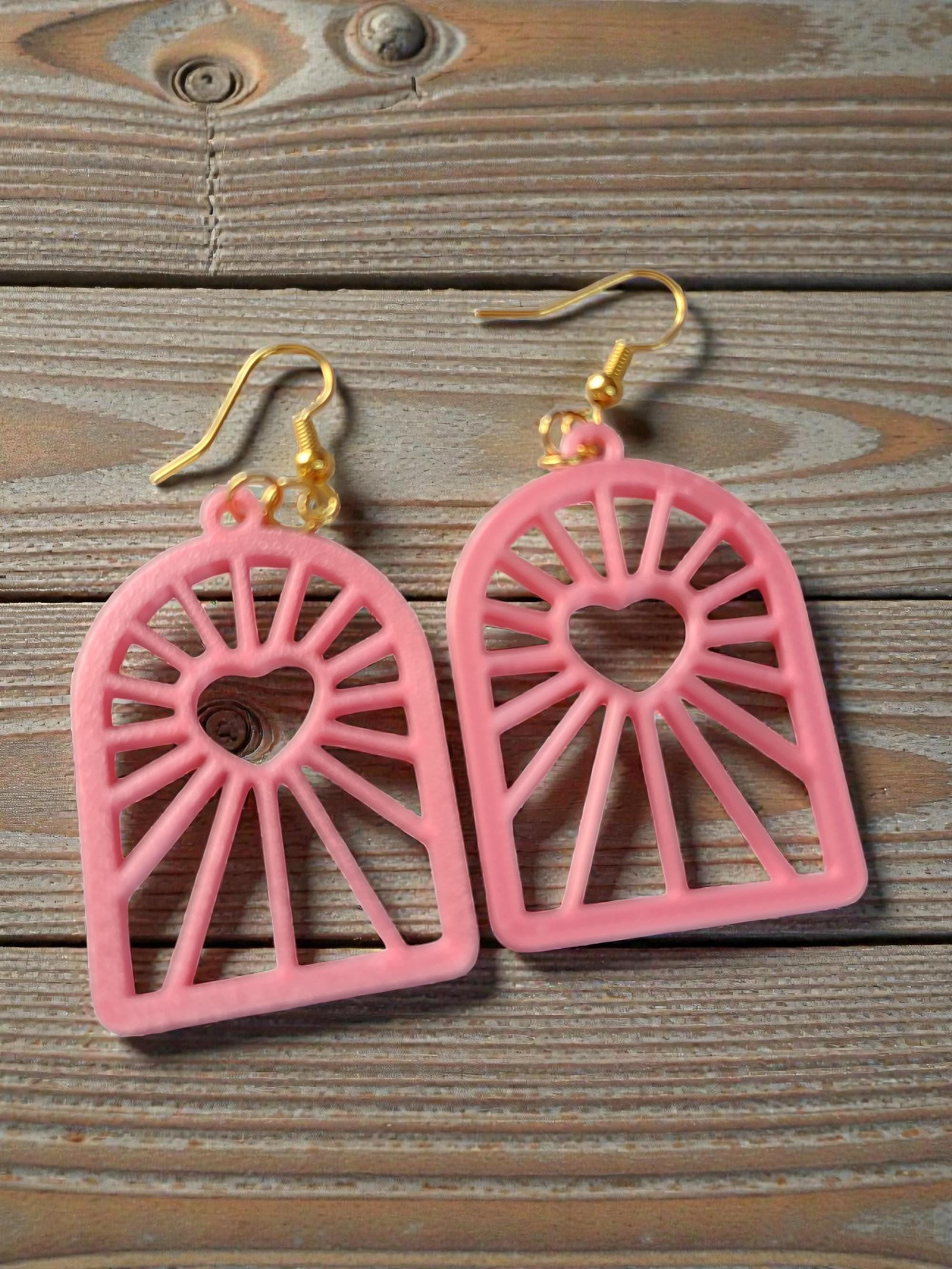 Pink Heart Window 3D Printed Pink Heart Window Earrings – Geometric Dangle, Valentine's ...