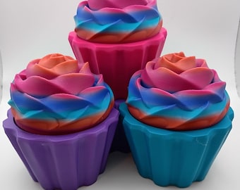 Rainbow Rose Cupcake Trinket Box | 3D Printed Keepsake Container