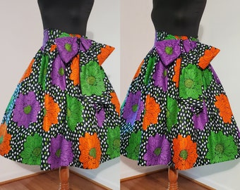 Women skirt, Design in an eye-catching bold Print skirt, pockets, Elastic Waist or Waistband, Custom Made, Detached Sash, fits to plus size.