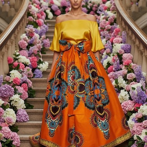 Ankara skirt, Maxi  length Skirt with detached Sash and  deep Pockets, Made in USA