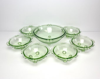 1930's Art Deco full 7 piece dessert bowl set in green glass