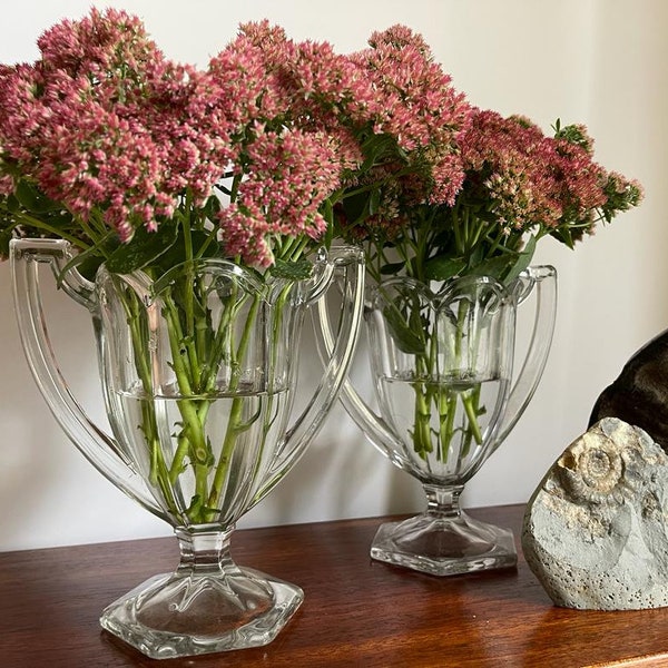 Rare set of 2 Davidson Chippendale Trophy glass vases, 1930's Art Deco.