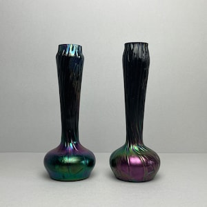 NEW LISTING Antique Kralik Iridescent Honeycomb Art Nouveau Bohemian Art Glass Vases Pair c1900