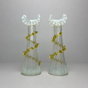 Unique Pair of Victorian Opalescent vases with ruffled rim and applied Vaseline glass riggory c.1980