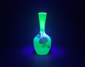 NEW LISTING Victorian hand painted Victorian opaque green glass vase, Uranium glass