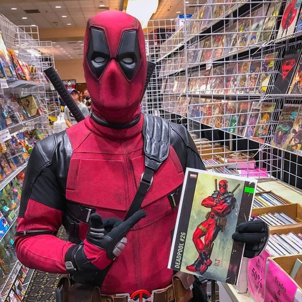 Weathered Deadpool Costume / Cosplay Suit (Replica) : Made From Custom Dyed 4 Way Patterned Stretch & Leather