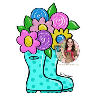 May include: A pair of blue rain boots with white polka dots, filled with colorful flowers. The flowers are pink, purple, yellow, and blue. The boots are sitting on a white background. The text "The Coral Cactus" is visible in the image.