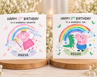 Personligt födelsedagskort till Peppa Pig, dotter eller son, med prinsess- eller dinosaurietema, valfritt namn och ålder