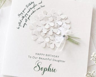 Gepersonaliseerde dochterverjaardagskaart: handgemaakte 3D witte bloemen luxe luxe ontwerp, dochterwenskaart