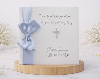 Gepersonaliseerde doopkaart: Diamonte Cross-ontwerp, Baby Boy Shimmer Card Stock