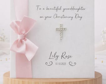 Carte de baptême personnalisée : motif croix en diamant, papier cartonné scintillant