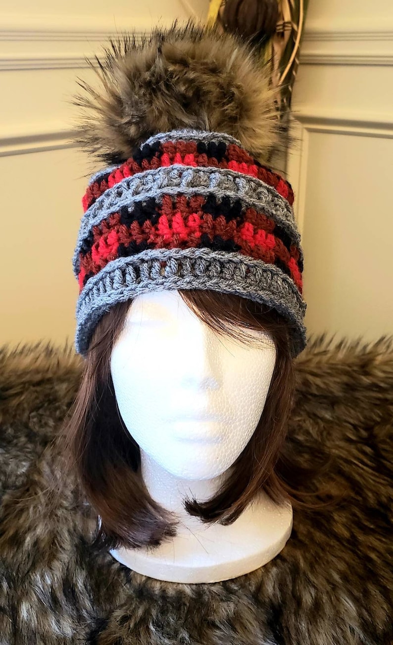 Buffalo Plaid Crochet Slouch HatWinter Hat with extra Large faux fur Pom Pom