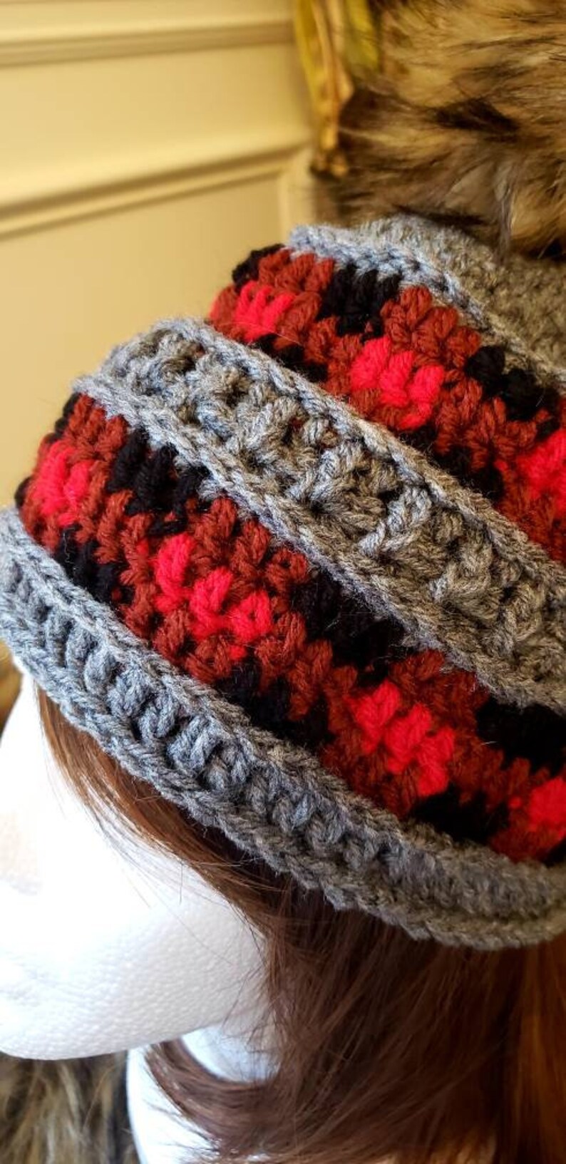 Buffalo Plaid Crochet Slouch HatWinter Hat with extra Large faux fur Pom Pom