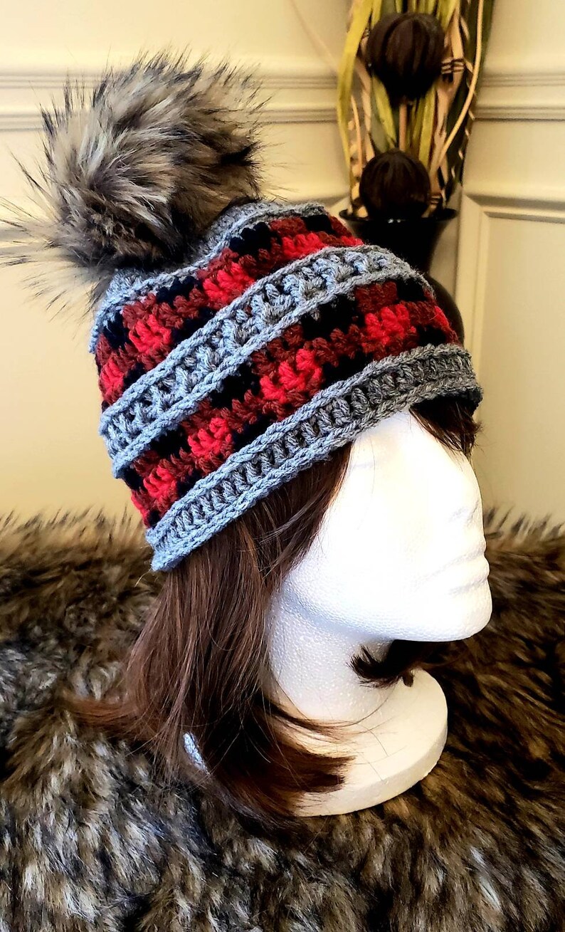 Buffalo Plaid Crochet Slouch HatWinter Hat with extra Large faux fur Pom Pom