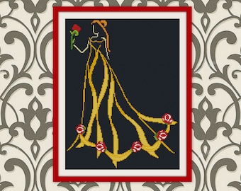 Silhuett av en flicka i en vacker klänning i blommor BOGO, Korsstygnsmönster PDF korsstygnsmönster, R117