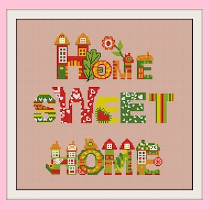 May include: Cross stitch pattern featuring the phrase "Home Sweet Home" in colorful, stylized lettering. Each letter is decorated with small houses and other details.