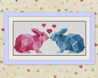 Kaninpar Geometriskt, Korsstygnsmönster, Djurmönster, Kaninkorsstygn, INC, BOGO, PDF-räknat korsstygnsmönster, R232