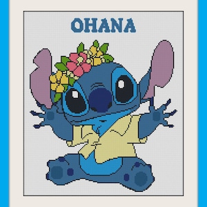 May include: Stitch, a blue alien character from the Disney movie Lilo & Stitch, is wearing a yellow shirt and a flower crown. He is sitting with his arms outstretched and the word "Ohana" is written above him.
