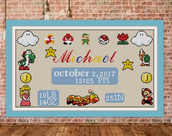 Retro korsstygnsmönster, födelseprov korsstygn, bebismeddelande anpassat födelseprov, barnets namn, nyfödd bebis, BOGO, R040