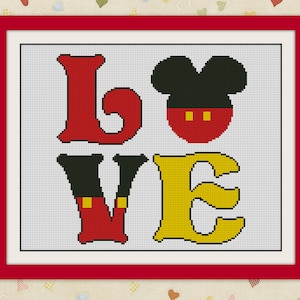 May include: Cross-stitch pattern featuring the word "LOVE" with the letter "O" replaced by a red and black Mickey Mouse head. The letters are in red, black, and yellow.