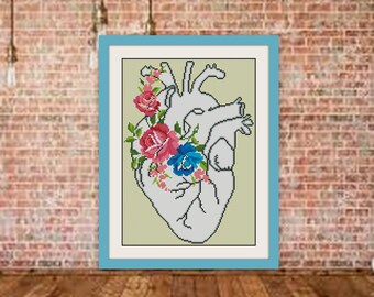 Anatomical Heart cross stitch pattern,flower heart Modern Cross Stitch,BOGO,Anatomic Counted Cross Stitch,Floral Cross Stitch Chart,R044