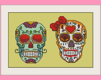 Пара сахарных черепов, Пара сахарных черепов, Пара сахарных черепов, Пара сахарных черепов, Пара сахарных черепов, Пара сахарных черепов, Пара сахарных черепов, Схема для вышивки креста INC, BOGO, PDF-format Пара сахарных черепов Пара сахарных черепов