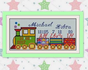Baby train cross stitch pattern,BOGO,PDF personalised steam train birth announcement,customised birth sampler,child's name,new baby,R132