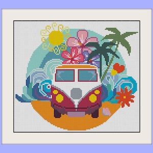 May include: A cross-stitch pattern featuring a red and white vintage van with flowers and palm trees. The van is surrounded by blue waves and a yellow sun.