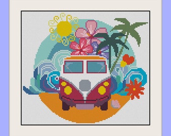 Retrobuss, hippiebussmönster, BOGO, modernt korsstygnsmönster Hej sommar korsstygn, surfing korsstygnsmönster, R050