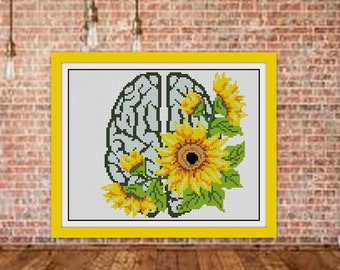 Brain cross stitch pattern,sunflower brain Modern Cross Stitch,BOGO,Anatomic Counted Cross Stitch,Floral Cross Stitch Chart,R025