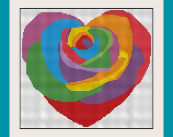 Patrón punto de cruz corazón flor, punto de cruz geométrico corazón, punto de cruz rosa, patrón punto de cruz contado PDF, cruz corazón moderno,R155