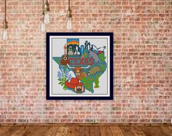 Texas Pride Korsstygn - Enkel DIY Väggkonst, BOGO, Lone Star State Korsstygnskarta, Texas Hjärtmönster, R500