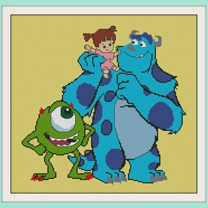 May include: A blue monster with a single large eye and a red horn holds a small girl with red hair and a pink dress. A green monster with three eyes and red horns stands next to them. The background is a light yellow.