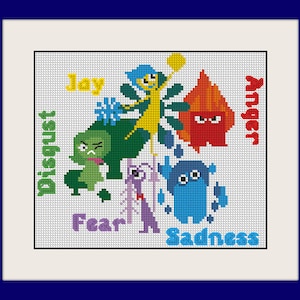 Könnte beinhalten: Kreuzstichmuster mit den Figuren aus dem Film Inside Out. Die Figuren sind Freude, Traurigkeit, Angst, Wut und Ekel. Jede Figur wird durch eine andere Farbe und Form dargestellt. Das Muster ist auf weißem Hintergrund.