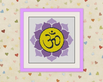 Yoga korsstygn, blomma, lila lotusmandala, yogadekoration, mantra korsstygnsmönster, korsstygnsmönster, korsstygnscitat, BOGO, R167