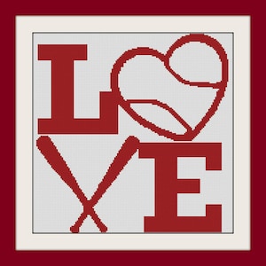 May include: Cross-stitch design featuring the word "LOVE" in red, with a heart replacing the "O" and crossed baseball bats replacing the "V". The design is set against a white background with a subtle striped pattern, framed in a white border and a dark red background.