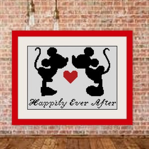 May include: Cross-stitch artwork in a red frame. The design features black silhouettes of two cartoon mice facing each other, with a red heart between them. The words "Happily Ever After" are stitched below.